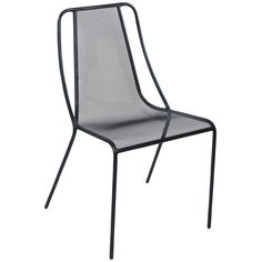 a black metal chair with mesh back and seat, viewed from the front angle on an isolated white background