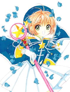 an anime character holding a wand with stars around her neck and wearing a blue outfit