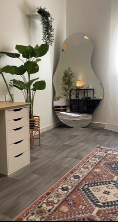 a large mirror sitting on top of a wooden floor next to a plant in a vase