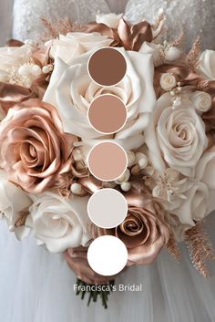 a bridal bouquet with roses and other flowers in shades of brown, white and pink