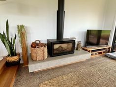 a living room with a television and fireplace in the corner, next to a plant