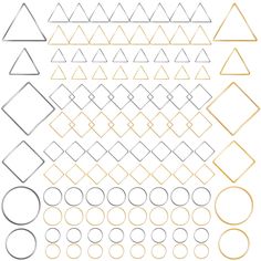 a set of different shapes and sizes in gold, silver and black on a white background