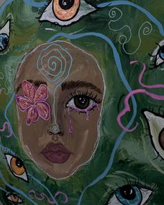 a painting of a woman's face with eyes and flowers on her forehead, surrounded by leaves