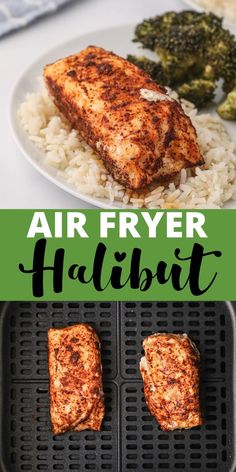 air fryer halibut with broccoli on the side and another image above