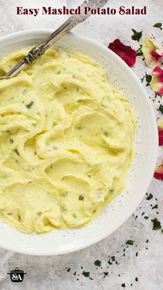 An overhead shot of Easy Mashed Potato Salad in a white serving bowl with a spoon. Mash Potato Salad Recipes, Instant Mashed Potato Salad, Mashed Potato Salad Recipe, Potluck Mashed Potatoes, Instant Mashed Potato Recipes, Instant Mashed Potatoes Recipes, Mashed Potato Salad, Mashed Potatoes From Scratch, Warm Potato Salad