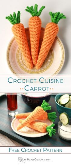 three crocheted carrots sitting on top of a plate next to cucumbers