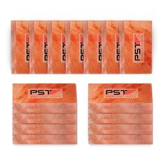 six packs of orange colored paper with the word pst on it