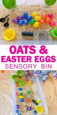 oats and easter eggs activity bin for toddlers to play in the sand with