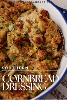 the cover of southern cornbread dressing is shown in a blue and white bowl with a spoon