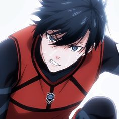 an anime character with black hair and blue eyes, wearing a red shirt in front of white background