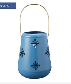 a blue pot with snowflakes painted on it and the words winter sale written below