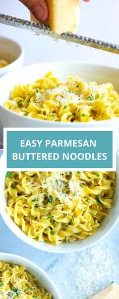 a person is dipping parmesan butter on top of some noodles in white bowls