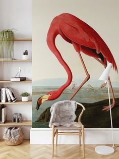 a pink flamingo standing on top of a wooden floor next to a white chair