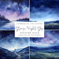 the starr night sky texture pack is shown in four different styles, including blue and purple