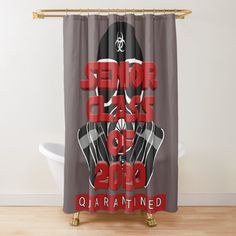 a shower curtain with an image of a person wearing a gas mask and the words sold out on it