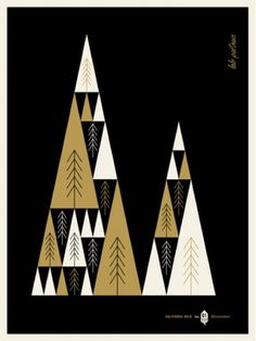 a black and gold christmas card with trees on the front, against a dark background