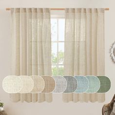 the curtains in this room are lined with different shades of beige, green and blue