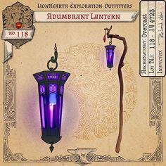 an old fashioned purple lantern hanging from a wall