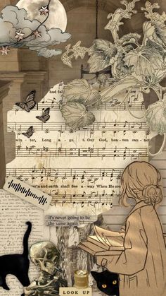 an altered photograph of a girl playing music with a cat and skeleton in the background