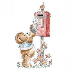 a drawing of a teddy bear reaching into a mailbox