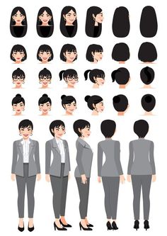 woman in business clothes poses for the camera, front and back view with different hair types