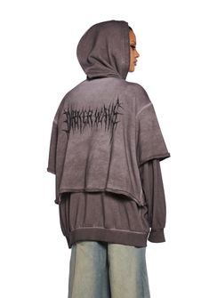 In a washed cotton jersey with an oversized fit. Drawstring ties, long sleeves, kangaroo pockets, raw edges, Darker Wavs logo on the back, and front zip closure with “D” logo charm. Grunge Washed Cotton Outerwear, Distressed Washed Black Cotton Outerwear, Oversized Washed Winter Tops, Oversized Cotton Outerwear With Edgy Style, Winter Oversized Washed Top, Urban Acid Wash Tops For Fall, Acid Wash Cotton Hoodie Sweatshirt, Cotton Grunge Hoodie With Drawstring Hood, Grunge Cotton Hoodie With Drawstring Hood