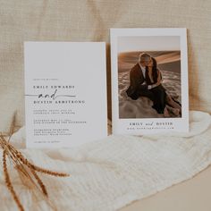 an image of a couple on their wedding day with the save the date card in front