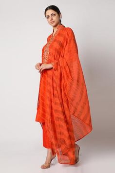 Shop for Nadima Saqib Pink Silk Chanderi Kurta Set for Women Online at Aza Fashions Kurta Set With Dupatta, Collar Kurta, Kurta Set For Women, Straight Fit Pants, Brown Tie, Dupatta Set, Embroidered Neckline, Indian Fashion Designers, Orange Fabric