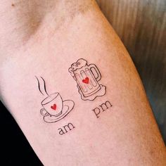 two tattoos on the arms of people with coffee cups and mugs in front of them