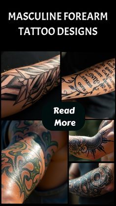 the cover of masculine forearm tattoo designs, with images of tattoos on their arms and