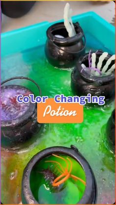 colorful changing pots with spider in them and text overlay that reads, color changing pot