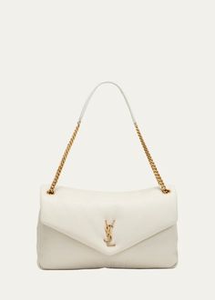 Saint Laurent Calypso Large YSL Shoulder Bag in Leather - Bergdorf Goodman Designer Soft Leather Bags For Everyday Luxury, Chic Everyday Luxury Pouch Bag, Luxury White Soft Leather Bag, Ysl Shoulder Bag, Travel Size Perfume, Evening Flats, Cleanser And Toner, Pump Sandals, Handbag Shopping