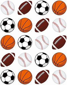 many different types of sports balls are arranged in a pattern on a white background with black and orange stripes