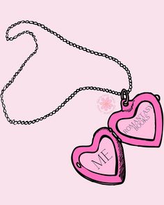 two pink heart shaped necklaces with the word i love you written on them hanging from a chain