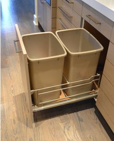 two trash cans sitting in the middle of a kitchen cabinet with an open pull out trash can