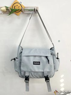 BirdinBag - Square Bag with Patch Detail and Decorative Release Buckle Gray Canvas Shoulder Bag For School, Gray Shoulder Bag For School, Gray Crossbody Shoulder Bag For School, Large Capacity Flap Shoulder Bag For School, Portable Gray Rectangular Shoulder Bag, Rectangular Gray Shoulder Bag, Gray School Bag With Adjustable Strap, Gray Shoulder Bag With Pockets For School, School Shoulder Bag With Adjustable Strap And Flap