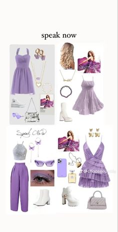 a purple dress and accessories are arranged in the shape of a collage with words that read speak now