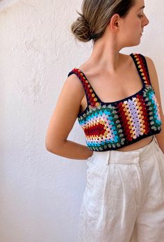 Cotton Crochet Top With Granny Square For Festival, Bohemian Crochet Multicolor Tank Top, Multicolor Crochet Cotton Tank Top, Multicolor Sleeveless Granny Square Top, Fitted Multicolor Granny Square Crochet Top, Fitted Multicolor Crochet Top With Granny Square, Crochet Cotton Crop Tank Top, Crochet Cotton Crop Top Tank Top, Cotton Crochet Crop Tank Top