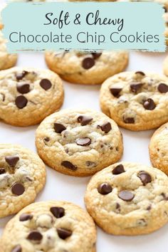 chocolate chip cookies on a white surface with the words chocolate chip cookies in front of them