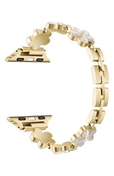 Lustrous stone insets make this floral watchband a dimensional addition to you Apple Watch. Apple Watch not included Stainless steel/goldtone plate/stone Imported Apple Watch Stainless Steel, June Flower, Steve Madden Sneakers, Bracelet Apple Watch, Apple Watch Accessories, Ring Watch, Flip Flop Slippers, Flower Bracelet, Sweaters And Leggings