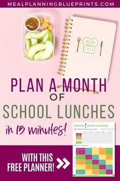 the school lunch planner is shown with an image of food and drink on it, including apples