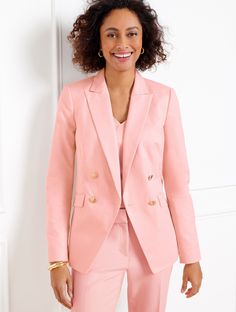 The double-breasted blazer that goes everywhere. Beautifully tailored with Talbots unwavering attention to detail. In a polished textured finish. Features sleek flap pockets. Features Long Sleeve Hits At Hip Button front closure Welt pockets Imported Fit: Misses: 25 1/2"; Petite: 24"; Plus: 27 1/2"; Plus Petite: 25 1/2" Material: Shell: 99% Cotton 1% Spandex; Lining: 100% Polyester Care: Dry Clean | Textured Double Breasted Blazer Talbots Spring Double-breasted Career Blazer, Spring Career Blazer With Double-breasted Button, Spring Double-breasted Blazer For Career, Petite Pants, Classic Style Women, Breasted Blazer, Double Breasted Blazer, Welt Pockets, Modern Classic