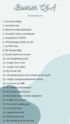 the bookish q & a list is shown in blue and white with black lettering