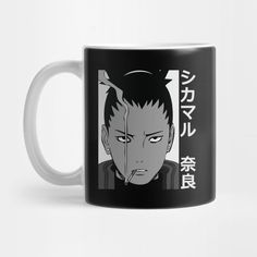 a black and white mug with an anime character on it