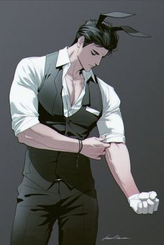 an anime character with his hands on his hips looking down at the ground while wearing a black vest and white shirt