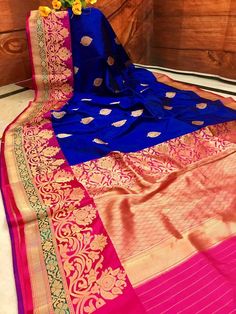 Hot Pink Combination, Royal Blue Saree, Pink Combination, Blue Silk Saree, Banaras Sarees, Banarsi Saree, Silk Saree Kanchipuram, Silk Saree Banarasi