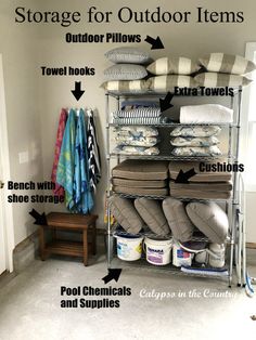 an organized storage rack with towels, blankets and other items labeled in the text below