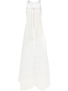 white panelled design semi-sheer construction square neck racerback sleeveless front buckle fastening A-line floor-length internal slip dress White Sheer Sleeveless Maxi Dress, White Sheer Slip Dress For Evening, White Sheer Evening Slip Dress, White Sheer Slip Dress For Daywear, White Sheer Maxi Dress For Daywear, White Sleeveless Dress With Sheer Back, Jacquemus Dress, Gown White, White Paneling