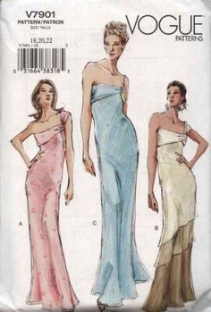 two women's dresses and one woman's evening gown sewing pattern