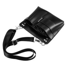 a black leather camera bag on a white background